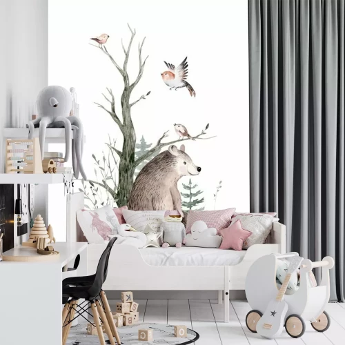 Sticker Woodland watercolor cute animals baby bear. Scandinavian bear orest nursery poster design. Isolated charecter