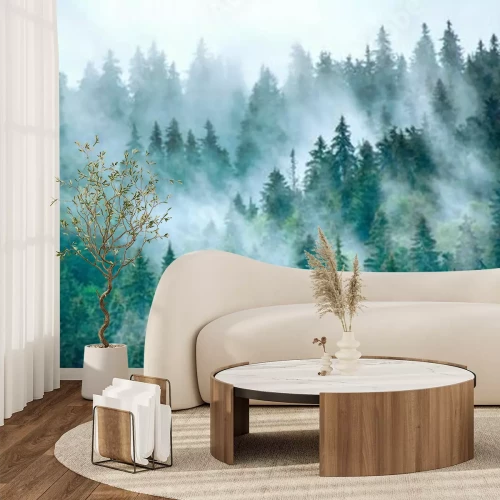 Fototapete Mystische Landschaft eines Nadelwaldes im Nebel
