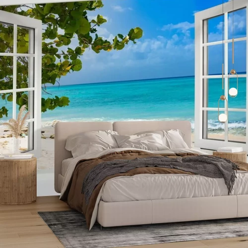 Fototapete Offenes Fenster mit Blick auf einen paradiesischen Strand