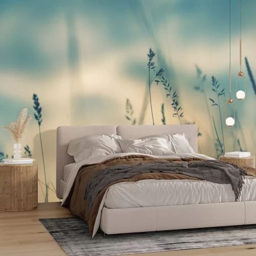 Fototapete Wild grass in the forest at sunset. Macro image, shallow depth of field. Abstract summer nature background. Vintage filter