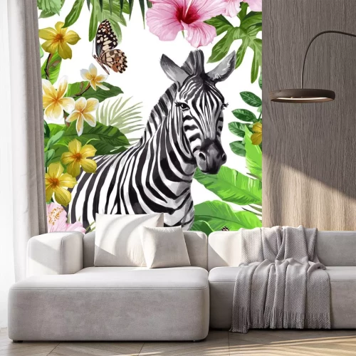 Fototapete Zebra inmitten von bunten tropischen Blumen