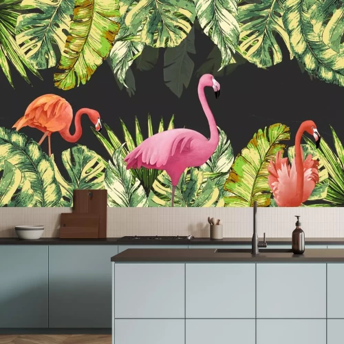 Fototapete Flamingos 3D inmitten von tropischen Blättern