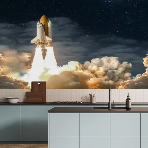 Fototapete Start eines Raumschiffs bei Nacht inmitten von Wolken