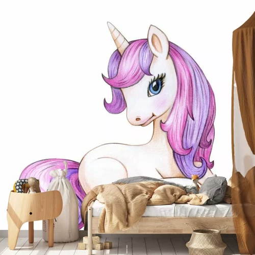 Sticker Nette sitzende Einhornkarikatur, getrennt auf Weiß.