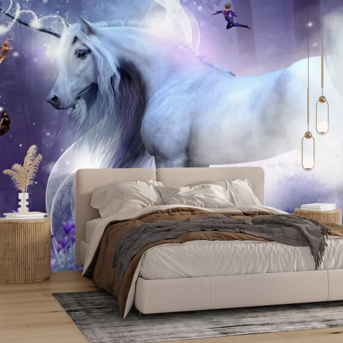 Fototapete Weißes Einhorn und Feen in einem magischen Wald