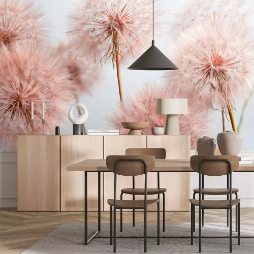 Fototapete Rosa Löwenzahn auf hellem Hintergrund, Nahaufnahme botanisches Pflanzenmuster