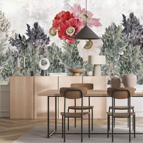 Fototapete Poppies flowers illustration. Poppies painted on the grunge wall. Beautiful design for card, postcard, picture, mural, wallpaper, photo wallpaper.