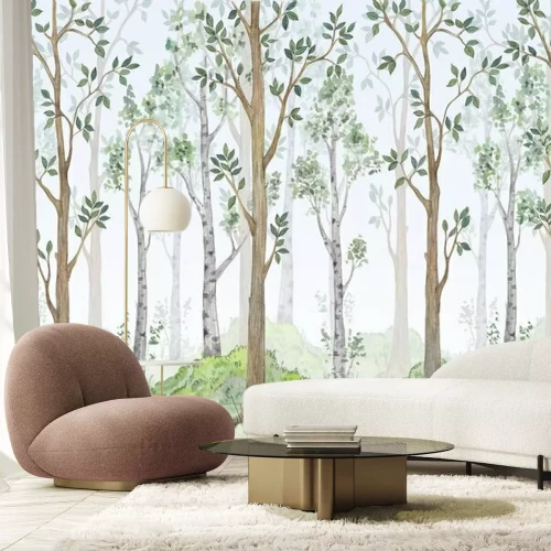 Fototapete Watercolor illustration-Fairy forest. Children's interior Wallpaper.