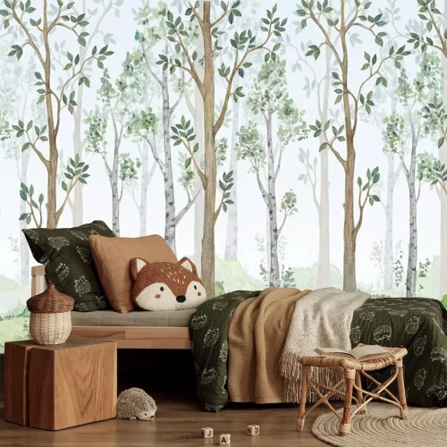 Fototapete Watercolor illustration-Fairy forest. Children's interior Wallpaper.