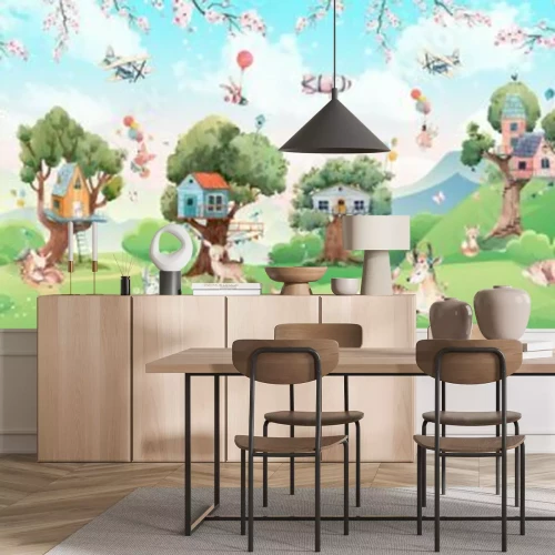 Fototapete Ein Märchenland mit Tieren und Baumhäusern