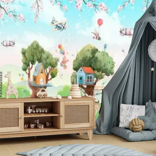 Fototapete Ein Märchenland mit Tieren und Baumhäusern