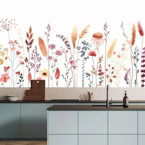 Fototapete Watercolor floral seamless pattern with colorful wildflowers, plants and grass. Panoramic horizontal border, isolated illustration. Meadow in vintage style.