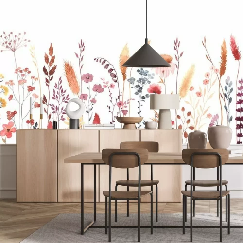 Fototapete Watercolor floral seamless pattern with colorful wildflowers, plants and grass. Panoramic horizontal border, isolated illustration. Meadow in vintage style.