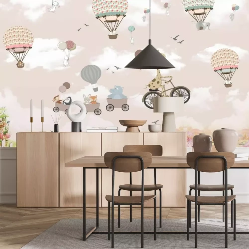 Fototapete Tiere in Fahrzeugen und Ballons vor rosafarbenem Himmel