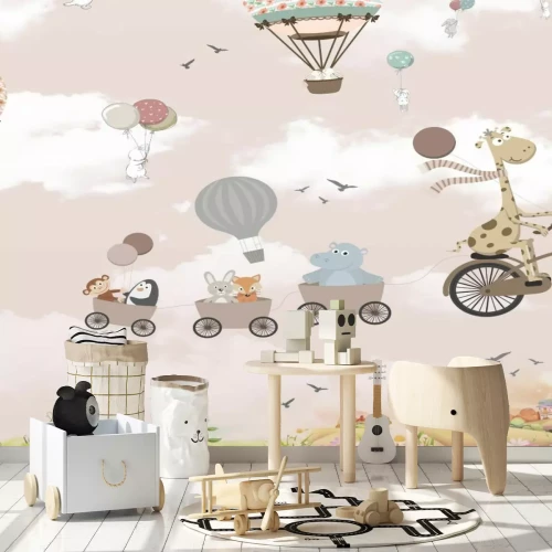 Fototapete Tiere in Fahrzeugen und Ballons vor rosafarbenem Himmel