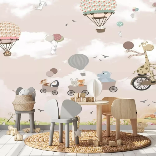 Sticker Tiere in Fahrzeugen und Ballons vor rosafarbenem Himmel