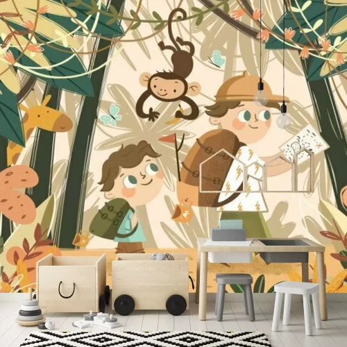 Fototapete Adventures in the jungle and safari. Children vector illustration of kids camping in an exotic forest with african animals monkey and giraffe. Cute drawing of walking and traveling boys.
