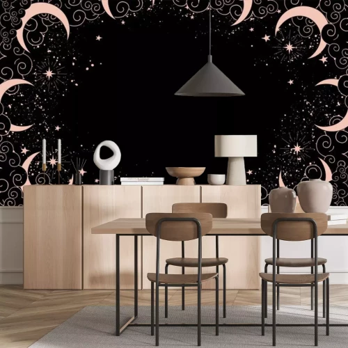 Fototapete Muster mit rosa Monden inmitten von Wolken auf schwarzem Hintergrund