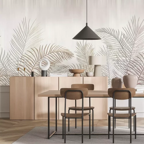 Fototapete Tropical palm leaves. Beige leaves on a light background. Mural, Wallpaper for internal printing.