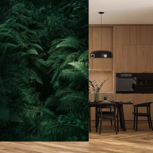 Sticker Ferns in the forest, Bali. Beautiful ferns leaves green foliage. Close up of beautiful growing ferns in the forest. Natural floral fern background in sunlight. 