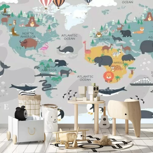 Fototapete The world map with cartoon animals for kids, nature, discovery and continent name, ocean name, countries name. vector Illustration.