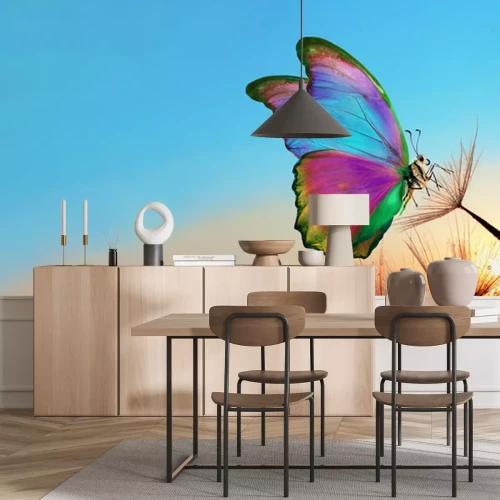 Fototapete Morpho-Schmetterling auf Löwenzahnsamen