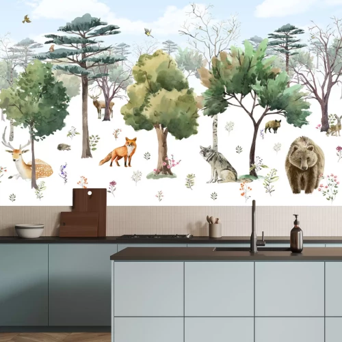 Fototapete Waldlandschaft mit Tieren im Aquarellstil