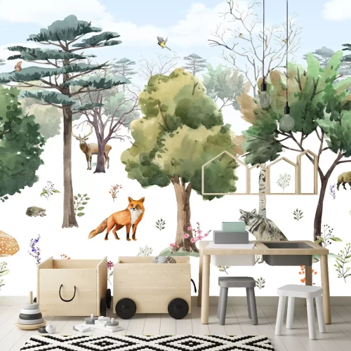 Fototapete Waldlandschaft mit Tieren im Aquarellstil
