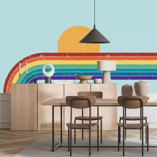 Sticker Abstrakter Regenbogen mit Sonne im Hintergrund im Retro-Stil