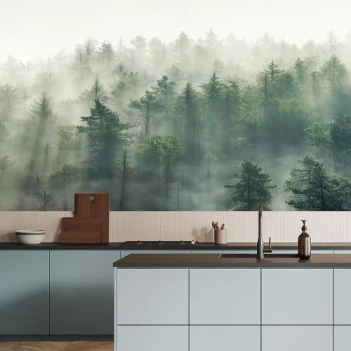 Fototapete Panoramic view of forest with morning fog