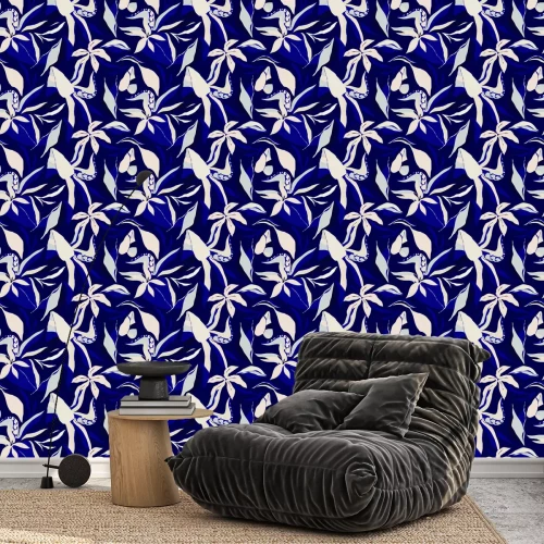 Tapete Pflanzliches Muster mit blauen Blumen