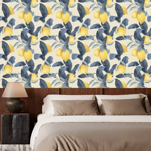 Tapete Fruit seamless pattern, pastel lemons and blue leaves on bright brown