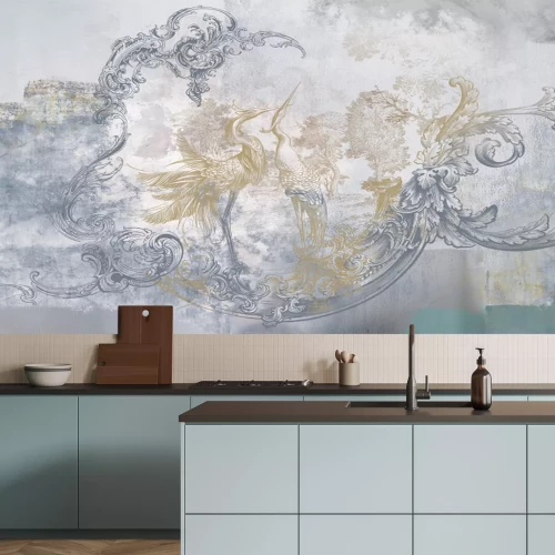 Fototapete Wall mural, wallpaper, in the style of classic, baroque, modern, rococo. Wall mural with birds and concrete grunge background. Light, delicate photo wallpaper design.