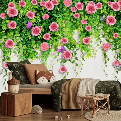 Fototapete Rosa Rosen zwischen grünen 3D-Blättern