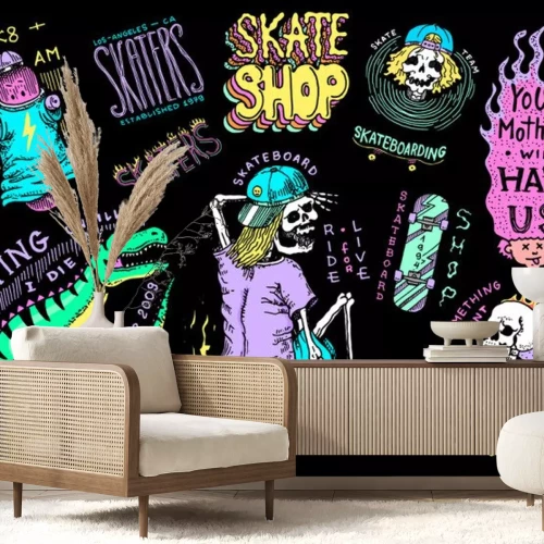 Sticker Skateboard shop stickers set. Dinosaur and skeletons ride on the boards badges. Fiery head and skull. Vintage retro labels for t-shirts and typography. Hand Drawn engraved sketch.