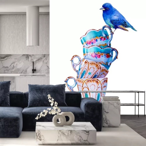 Sticker Blauer Vogel und Shabby-Chic-Tassen