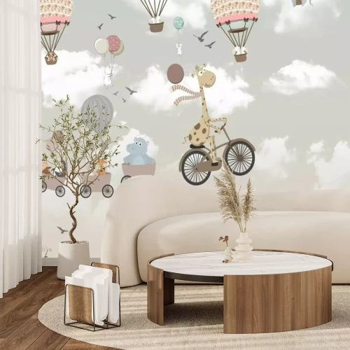 Fototapete Fröhliche Tiere in Ballons vor dem Himmel