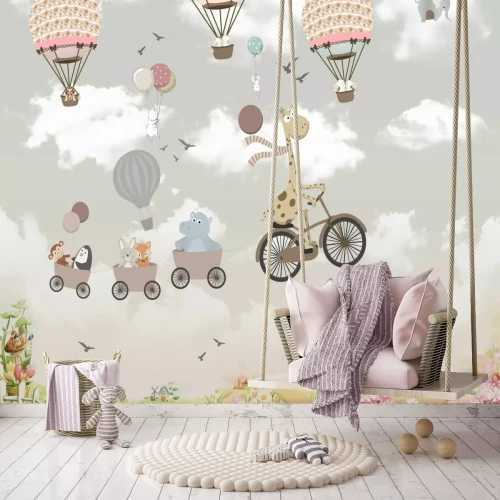 Fototapete Fröhliche Tiere in Ballons vor dem Himmel