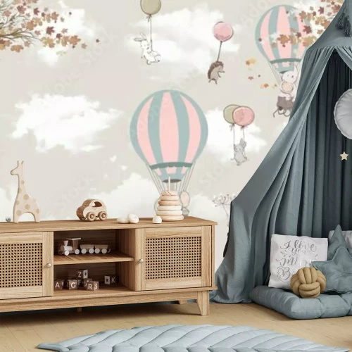 Sticker Children's photo Wallpaper, animals on balloons in the sky