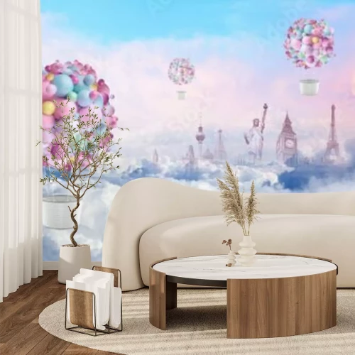 Fototapete Touristische Symbole und Ballons abstrakte Komposition zwischen Wolken