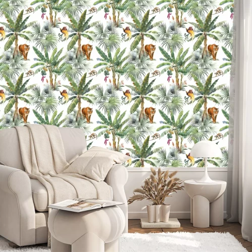 Tapete Beautiful seamless pattern with watercolor tropical palms and jungle animals tiger, giraffe, leopard. Stock illustration.