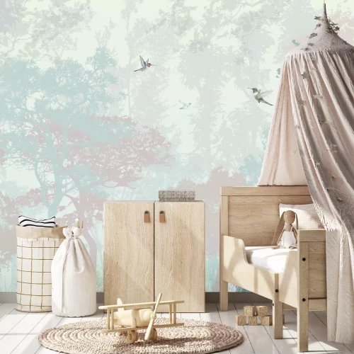 Fototapete Ein Pferd auf einer Wiese mit abstrakten Bäumen im Hintergrund