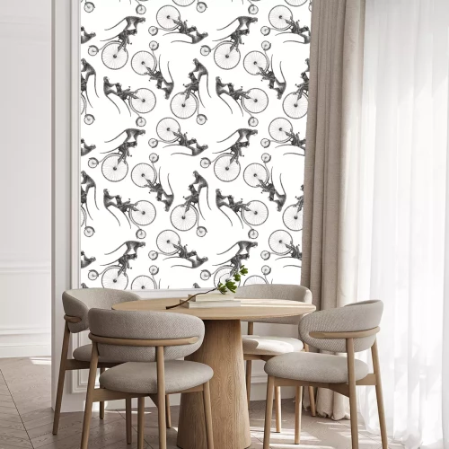 Tapete Niedliche Affen auf Fahrrädern schwarz-weißes Muster