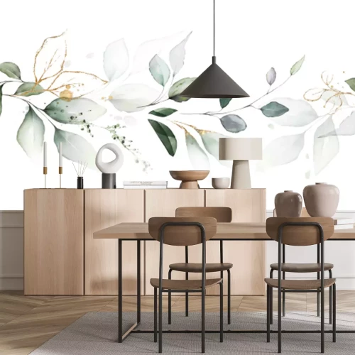 Sticker watercolor botanic, Leaf and buds. Seamless herbal composition for wedding or greeting card. Spring Border with leaves eucalyptus