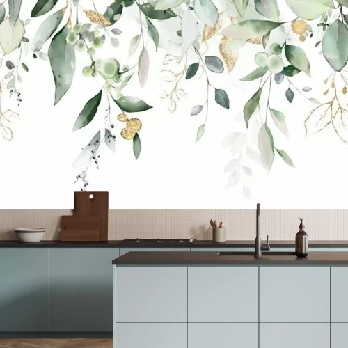 Sticker Watercolor botanic, Leaf and buds. Seamless herbal composition for wedding or greeting card. Spring Border with leaves eucalyptus