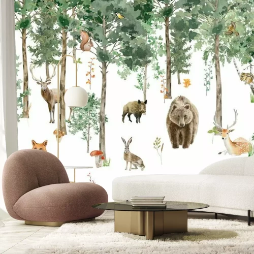 Fototapete Children's wallpaper. Watercolor forest with animals.