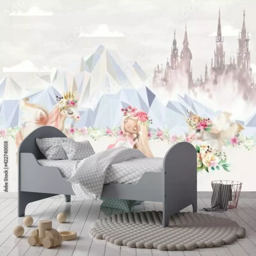 Fototapete Children's wallpaper. Wallpaper for girls. Princess with unicorns.