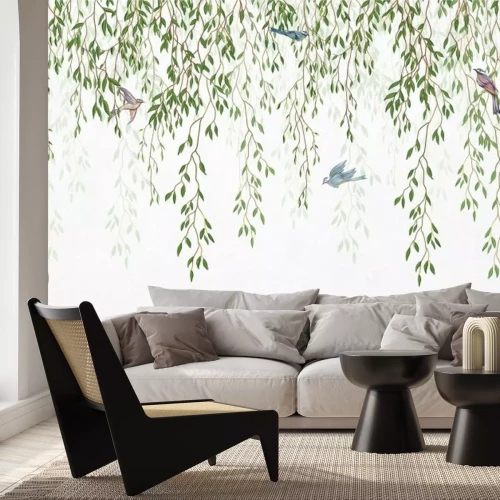 Sticker Willow branches hanging from above with birds . Wallpaper, murals and wall paintings for interior printing.