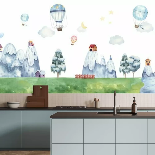 Fototapete Border seamless pattern childrens illustration with balloons, mountain landscape, trees, forest, houses in the mountains, clouds, watercolor illustration pastel gentle colors