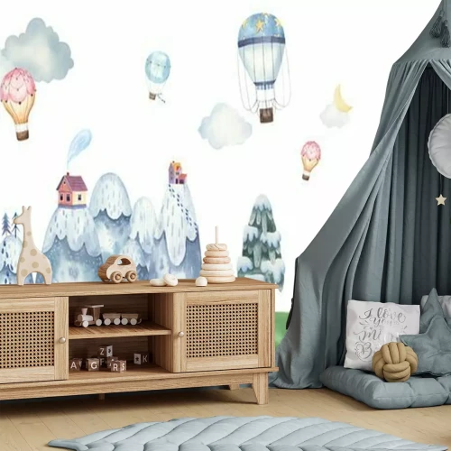 Fototapete Border seamless pattern childrens illustration with balloons, mountain landscape, trees, forest, houses in the mountains, clouds, watercolor illustration pastel gentle colors